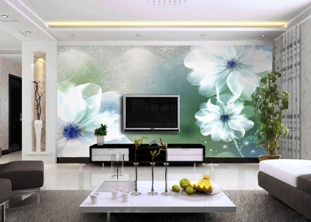 Обои с крупным рисунком в интерьере гостиной фото Обои с крупным рисунком в интерьере гостиной фото